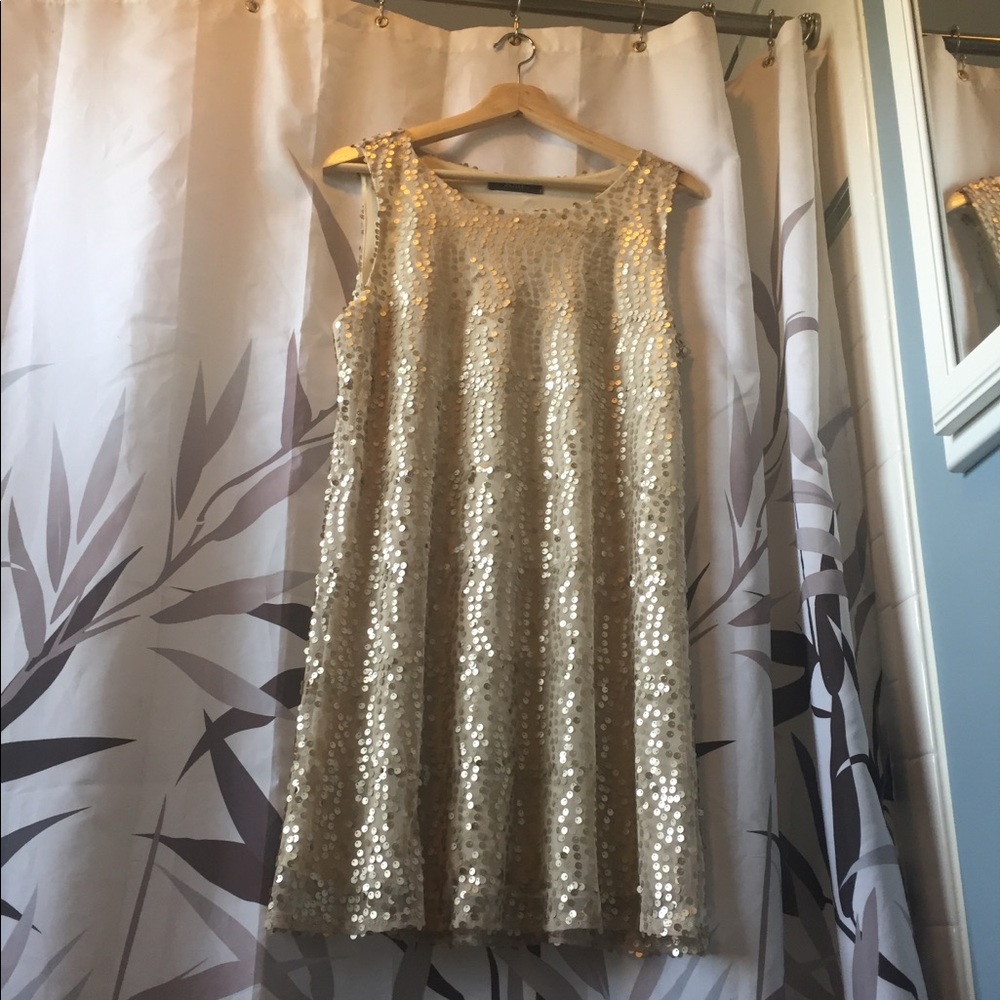 Gold sequin sheath cocktail dress.